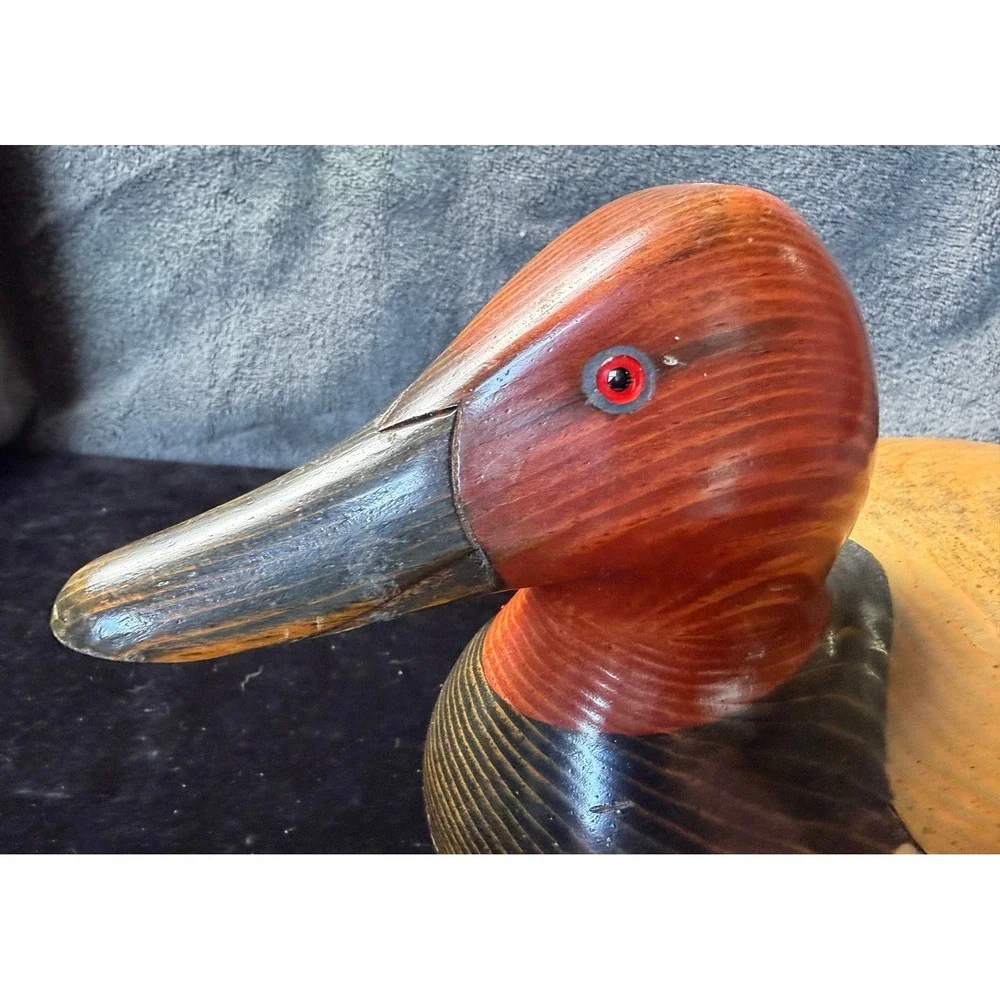 John Bass Signed Hand Carved Wooden Redhead Duck Decoy Figurine 12.5 Inch